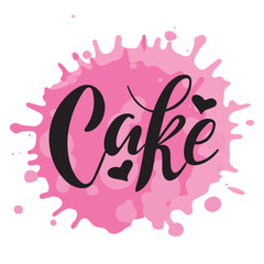 Cake.  Black volume letters with hearts on pink watercolor spot. Vector hand lettering.Logo for bakery desserts sweet products packaging cupcakes pastry confectionary. Simple creative calligraphy