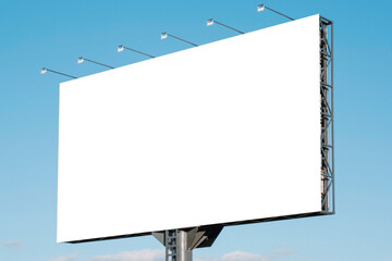 Large white blank billboard for outdoor advertisement, information board on blue sky background