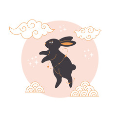 Happy Chinese New year greeting card with cute rabbit. Year of the Rabbit. Mid autumn festival. Hand drawn vector illustration
