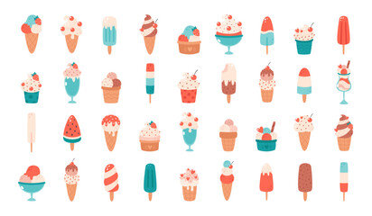 Ice cream big set. Ice cream cone with different flavors, ice lolly, ice cream in glass. Summertime, hello summer. Hand drawn vector illustration