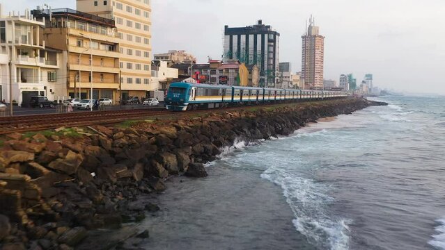 Railway tracks and train in Colombo, Sri Lanka.