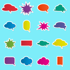 Abstract vector bright colored speech bubbles with shadow on blue background.