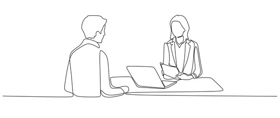 Job interview - vector modern simple one line design composition with recruiter and candidate. Continuous Line Drawing of man and woman are talking at the table - obrazy, fototapety, plakaty
