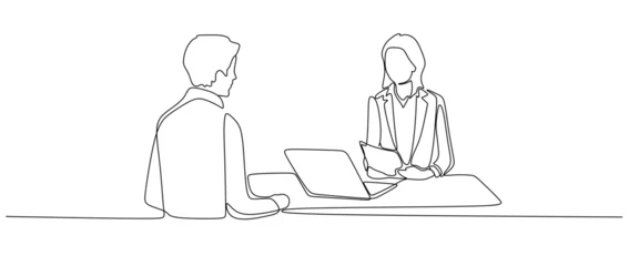 Papier Peint photo autocollant Une ligne Job interview - vector modern simple one line design composition with recruiter and candidate. Continuous Line Drawing of man and woman are talking at the table