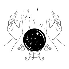 hands around a crystal ball and galaxy illustration - spiritual and mystical design - esoteric symbols