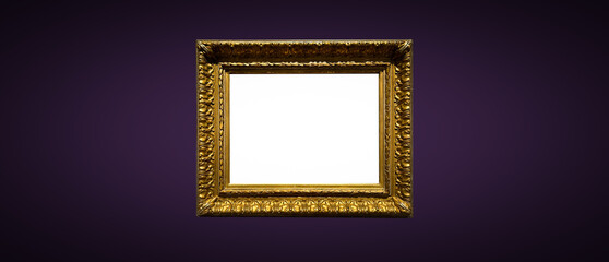 Antique art fair gallery frame on royal purple wall at auction house or museum exhibition, blank...