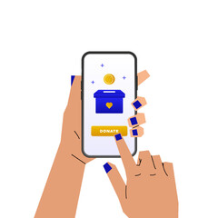 Hands holding smartphone donate money. Charity fundraising, volunteer help, cash fund concept. Vector Illustration