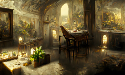 Fototapeta na wymiar Artistic painting conception of a living room interior. 