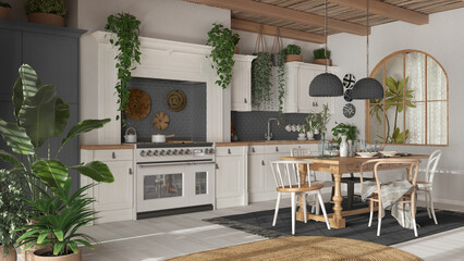 Kitchen and dining room with wooden details in bohemian style. Table with chairs, carpet and appliances in white and gray tones. Boho country interior design