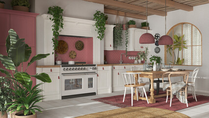 Kitchen and dining room with wooden details in bohemian style. Table with chairs, carpet and appliances in white and red tones. Boho country interior design