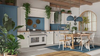 Kitchen and dining room with wooden details in bohemian style. Table with chairs, carpet and appliances in white and blue tones. Boho country interior design