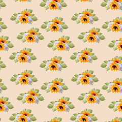 Watercolor autumn sunflower seamless pattern, perfect to use on the web or in print