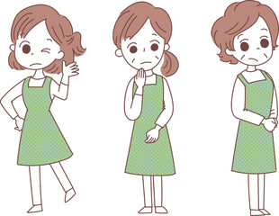 エプロン姿の女性たち　3人　困り顔