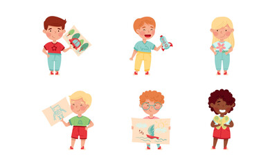 Cute kids showing their DIY crafts set. Boys and girl holding drawings cartoon vector illustration