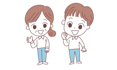 笑顔の紹介するおばさんとガッツポーズの男性