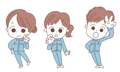 ピースサインの男女　作業服