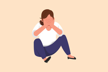 Fototapeta na wymiar Business design drawing sad depressed businesswoman cover her face by hands and sitting on the floor. Depression disorder, sorrow, sick, disappointment symptom. Flat cartoon style vector illustration