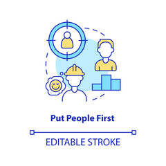 Put people first concept icon. Support employees. Supply chain priority abstract idea thin line illustration. Isolated outline drawing. Editable stroke. Arial, Myriad Pro-Bold fonts used