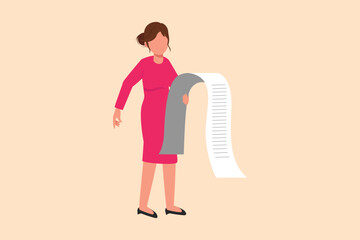 Business flat drawing depressed businesswoman standing thinking about finding money for paying bills during crisis. Financial problems and bankruptcy concept. Cartoon style design vector illustration