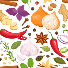 Spices and herbs seamless pattern. Vector kitchen spices with vanilla, anise, ginger, cinnamon, curry, basil, garlic, pepper, rosemary. Popular indian spices in cartoon style for menu, print, web