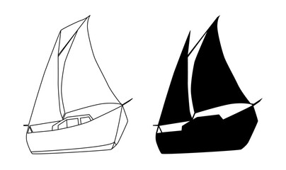 Sailing boat vector illustration. Black silhouette and outline on a white background.