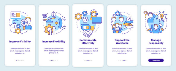 Addressing covid impact on logistics onboarding mobile app screen. Walkthrough 5 steps editable graphic instructions with linear concepts. UI, UX, GUI template. Myriad Pro-Bold, Regular fonts used