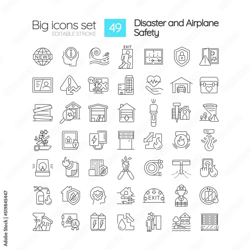 Poster disasters and accidents preparedness linear icons set. keeping home safe, secure. customizable thin 