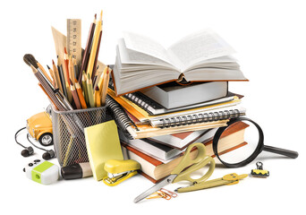 School supplies with opened book isolated on a white background - obrazy, fototapety, plakaty