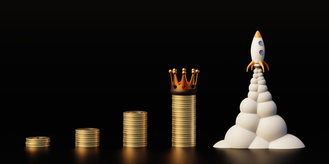 Business growth chart with stacks of coins and a crown on the top with a rocket taking off. 3d rendering with copy space and black background.
