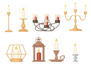 Set of Candles in candlesticks stand vintage design vector illustration isolated on white background