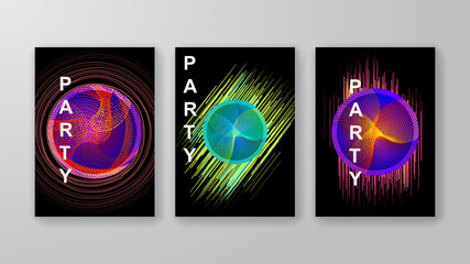 Abstract dots cover page layouts. Circle party music poster templates.