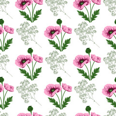 Floral seamless pattern poppies and gypsophila hand drawn illustration