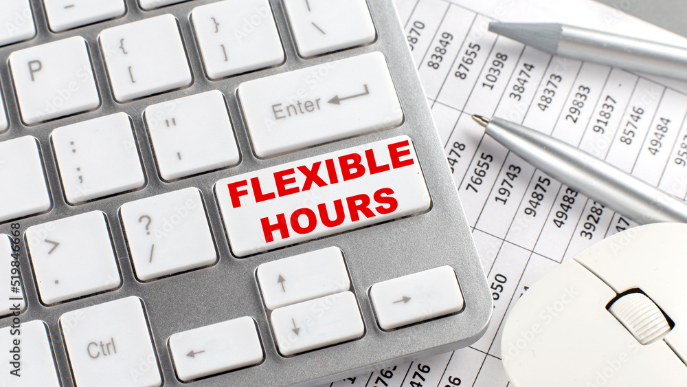 Poster flexible hours text on keyboard wirh chart and pencil