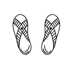 Beach slippers in hand drawn doodle style. Sandals For greeting cards,children coloring book and seasonal design. Vector illustration isolated on white background.