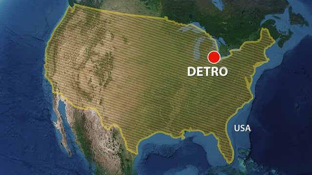 Designation of the borders the United States of America on the map and the mark of the location of the city of Detroit