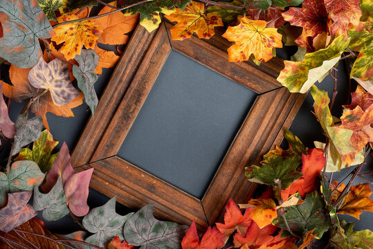 Autumn leaves are red and orange. composition with picture frame. copy space, flat lay