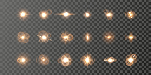 Effects, glare, radiance, explosion, white light, set. The shining of stars, beautiful sun glare. Vector illustration. light flash sun png.