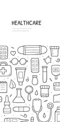 Hand drawn doodle set of medical and healthcare concept. Vertical banner template. Vector composition design.