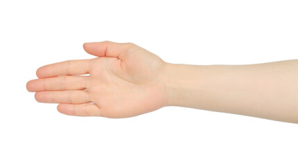 Woman hand shows handshake, on white background