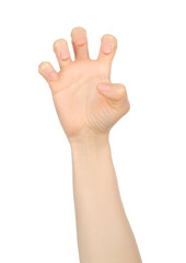 Woman hand shows like scratching, on white background