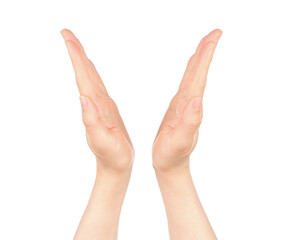 Woman hands shows virtual holding something, on white background