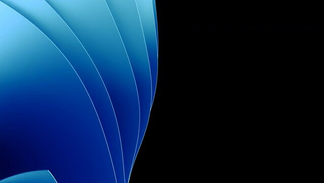 Blue wavy abstraction shape on black background in the left side on the screen. 3D rendered trendy modern video in Windows 11 style