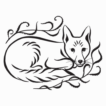 The cute wolf cub, fox, framed by leaves. Calligraphic drawing with animal and plant ornament. Black and white vector illustration isolated on white background. Linear drawing. Tattoo design.