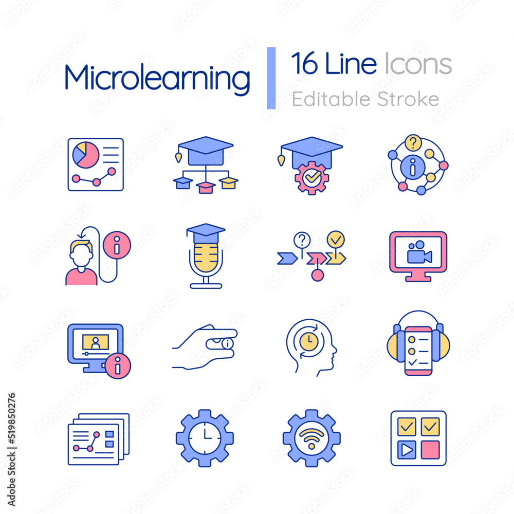 Poster micro learning in education rgb color icons set. tracking progress. online courses. isolated vector 
