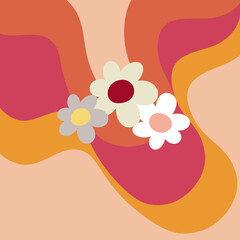 Abstract colorful retro style design with blooming flowers and yellow, orange and pink waves decoration on pastel pink background