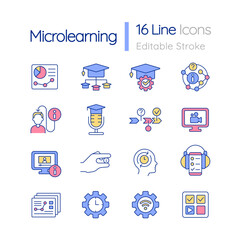 Micro learning in education RGB color icons set. Tracking progress. Online courses. Isolated vector illustrations. Simple filled line drawings collection. Editable stroke. Quicksand-Light font used