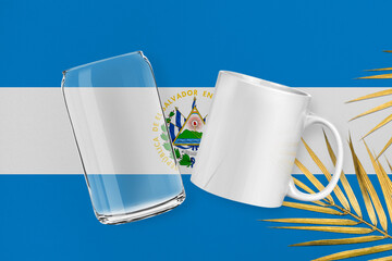 Patriotic can glass and mug mock up on background in colors of national flag. El Salvador