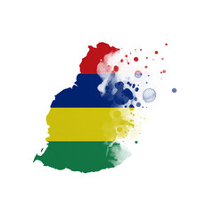 Sublimation background country map- form on white background. Artistic shape in colors of national flag. Mauritius