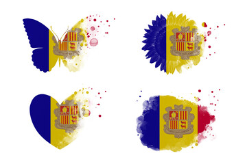 Sublimation backgrounds different forms on white background. Artistic shapes set in colors of national flag. Andorra