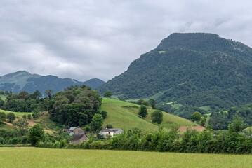 Obraz premium Fields and mountains in Arette. French Pyrenees